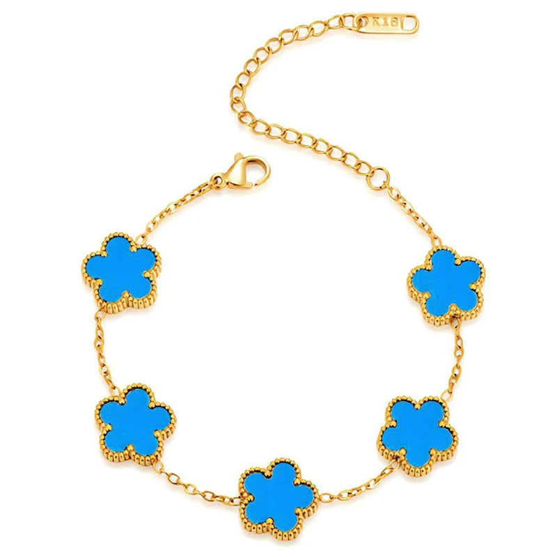 14K Gold Plated Stainless Steel Five Leaf Petals Double Sided Necklace