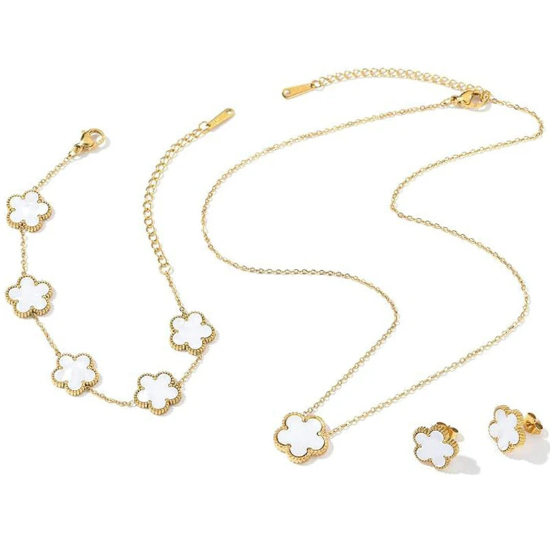 14K Gold Plated Stainless Steel Five Leaf Petals Double Sided Necklace