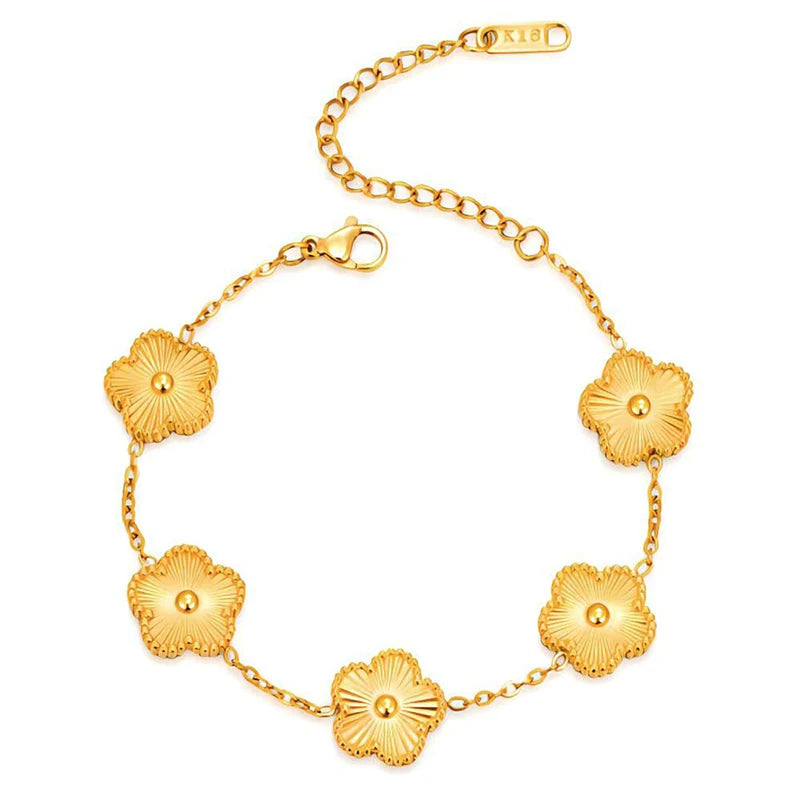 14K Gold Plated Stainless Steel Five Leaf Petals Double Sided Necklace