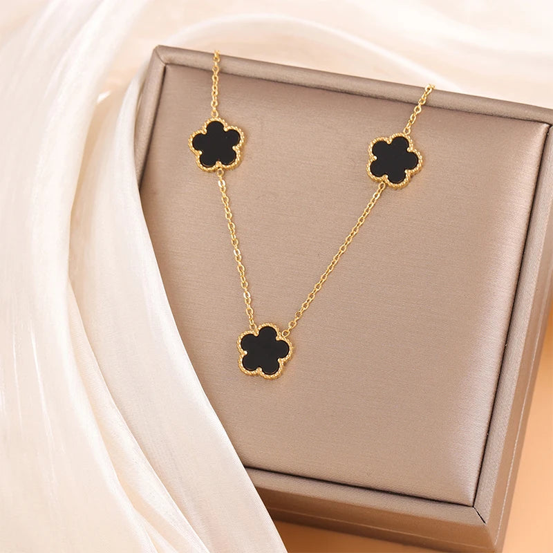 14K Gold Plated Stainless Steel Five Leaf Petals Double Sided Necklace