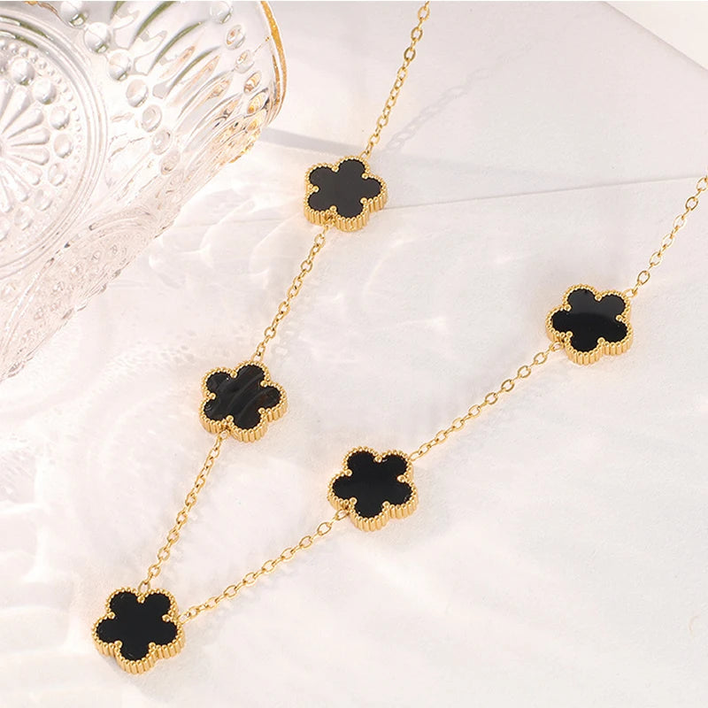 14K Gold Plated Stainless Steel Five Leaf Petals Double Sided Necklace