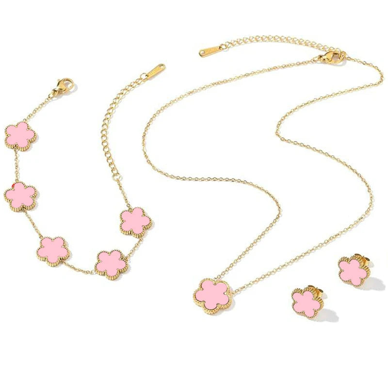 14K Gold Plated Stainless Steel Five Leaf Petals Double Sided Necklace