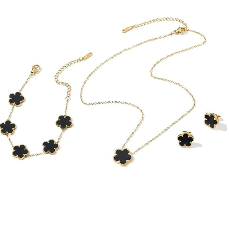 14K Gold Plated Stainless Steel Five Leaf Petals Double Sided Necklace