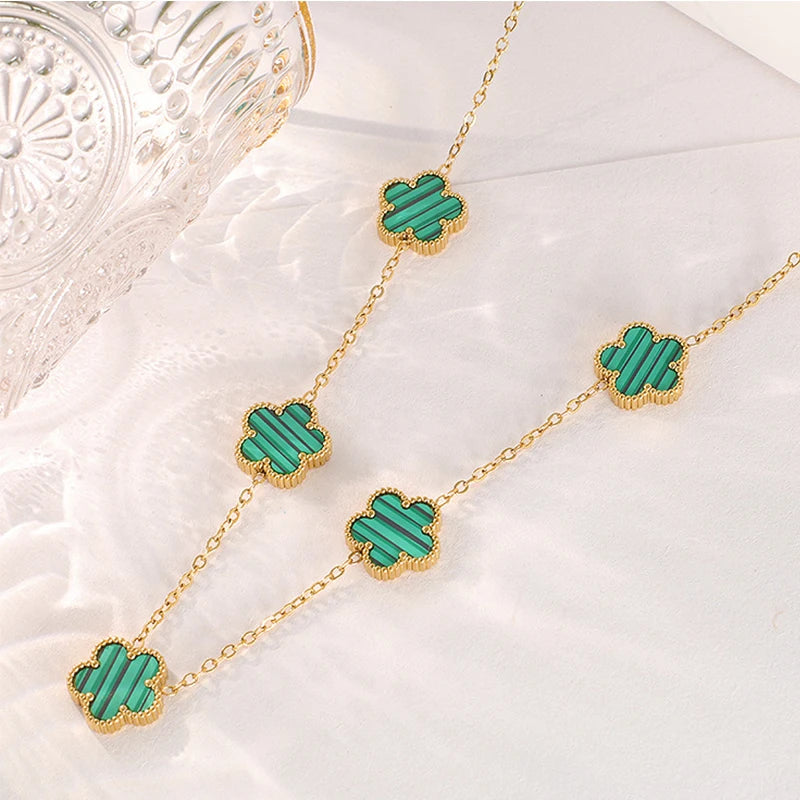 14K Gold Plated Stainless Steel Five Leaf Petals Double Sided Necklace