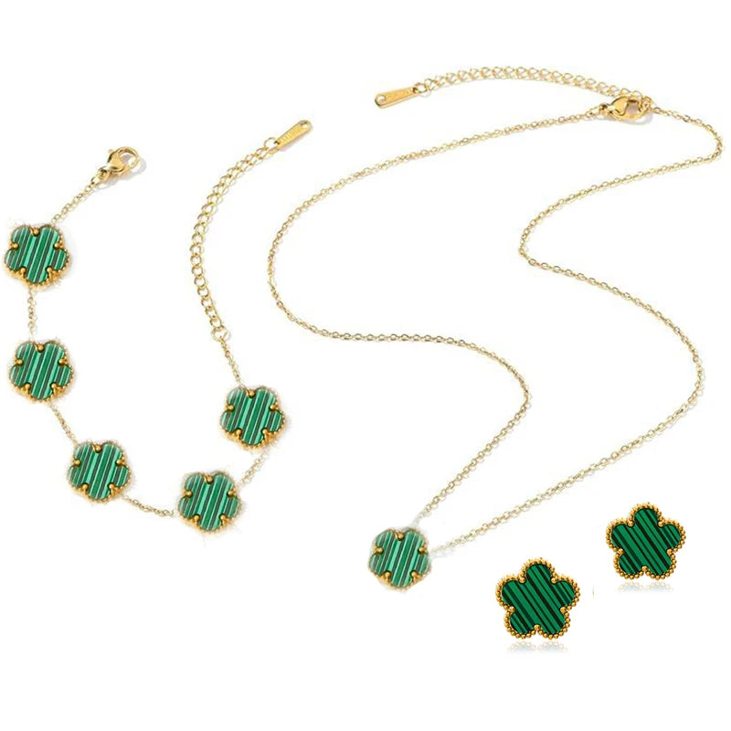 14K Gold Plated Stainless Steel Five Leaf Petals Double Sided Necklace