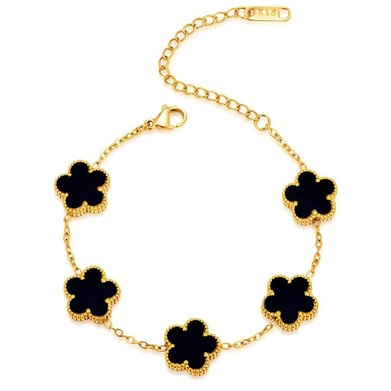 14K Gold Plated Stainless Steel Five Leaf Petals Double Sided Necklace