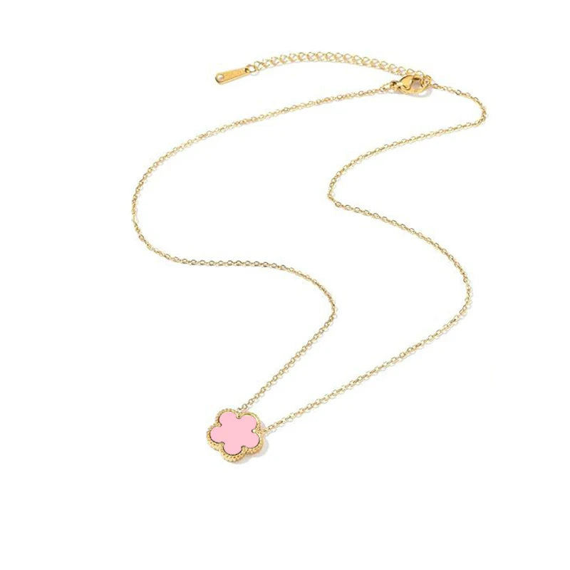 14K Gold Plated Stainless Steel Five Leaf Petals Double Sided Necklace