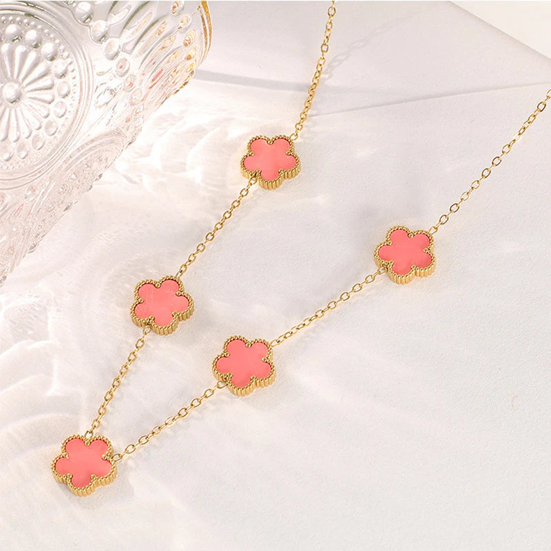 14K Gold Plated Stainless Steel Five Leaf Petals Double Sided Necklace