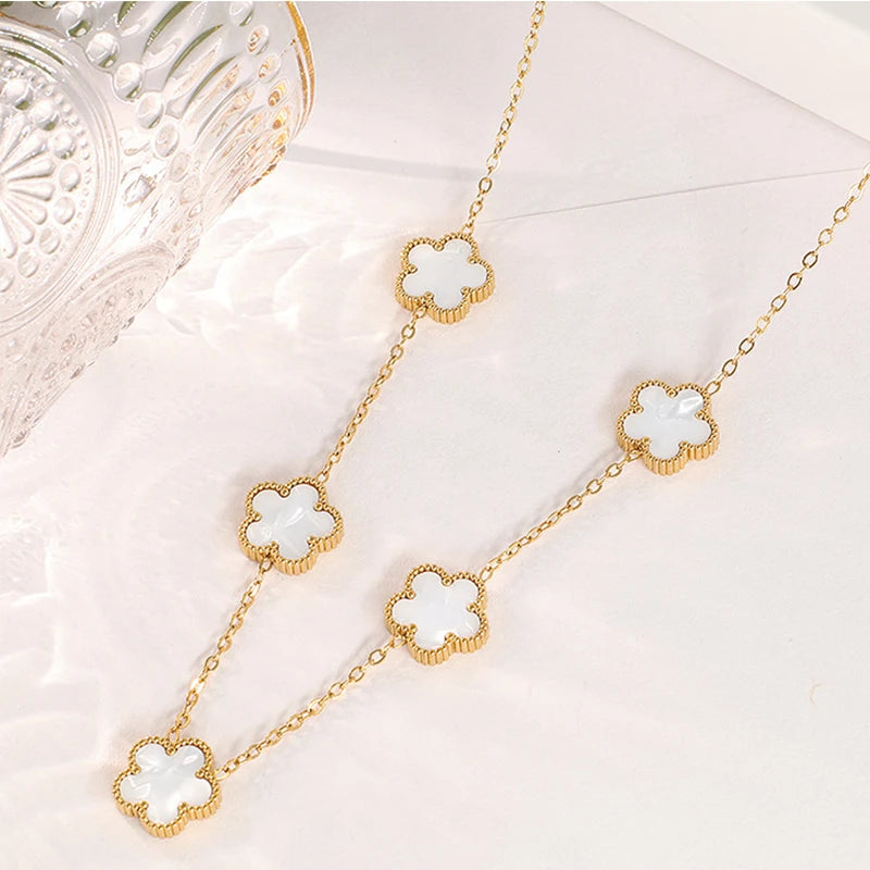14K Gold Plated Stainless Steel Five Leaf Petals Double Sided Necklace
