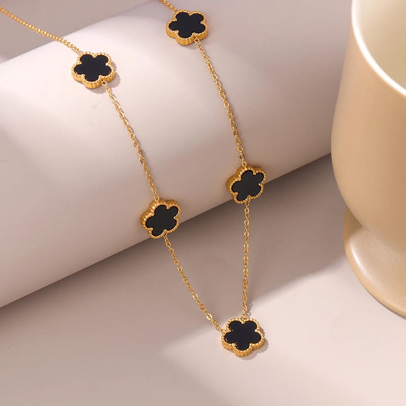14K Gold Plated Stainless Steel Five Leaf Petals Double Sided Necklace