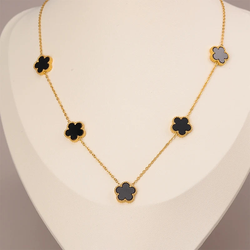 14K Gold Plated Stainless Steel Five Leaf Petals Double Sided Necklace