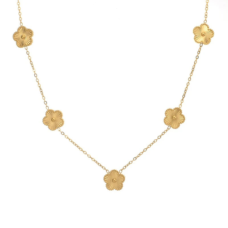 14K Gold Plated Stainless Steel Five Leaf Petals Double Sided Necklace