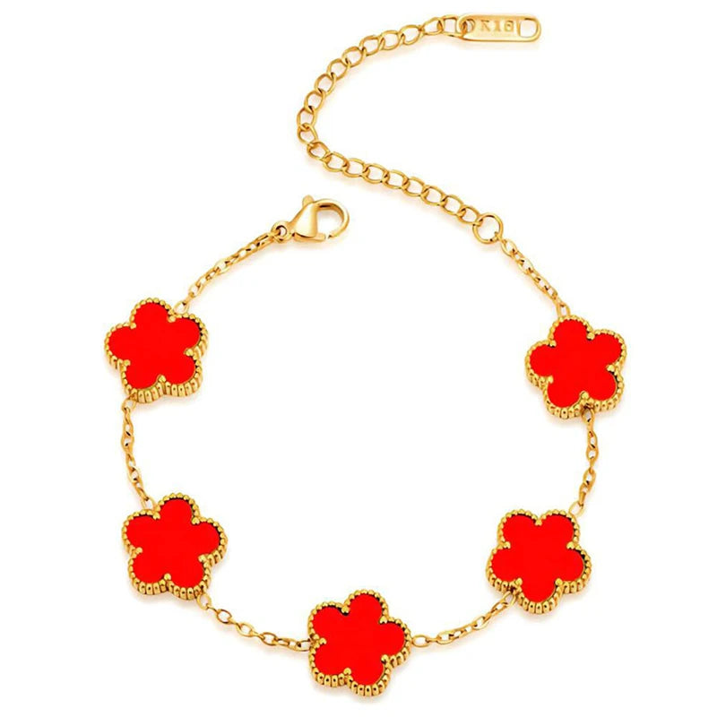 14K Gold Plated Stainless Steel Five Leaf Petals Double Sided Necklace