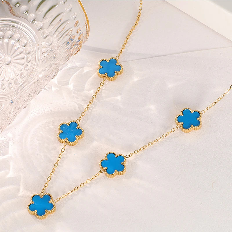 14K Gold Plated Stainless Steel Five Leaf Petals Double Sided Necklace