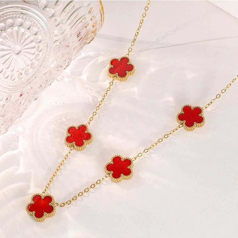 14K Gold Plated Stainless Steel Five Leaf Petals Double Sided Necklace
