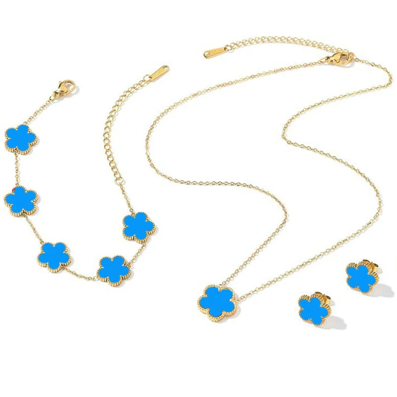 14K Gold Plated Stainless Steel Five Leaf Petals Double Sided Necklace