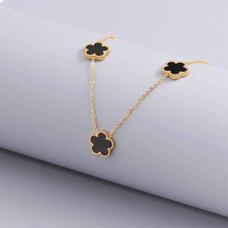 14K Gold Plated Stainless Steel Five Leaf Petals Double Sided Necklace