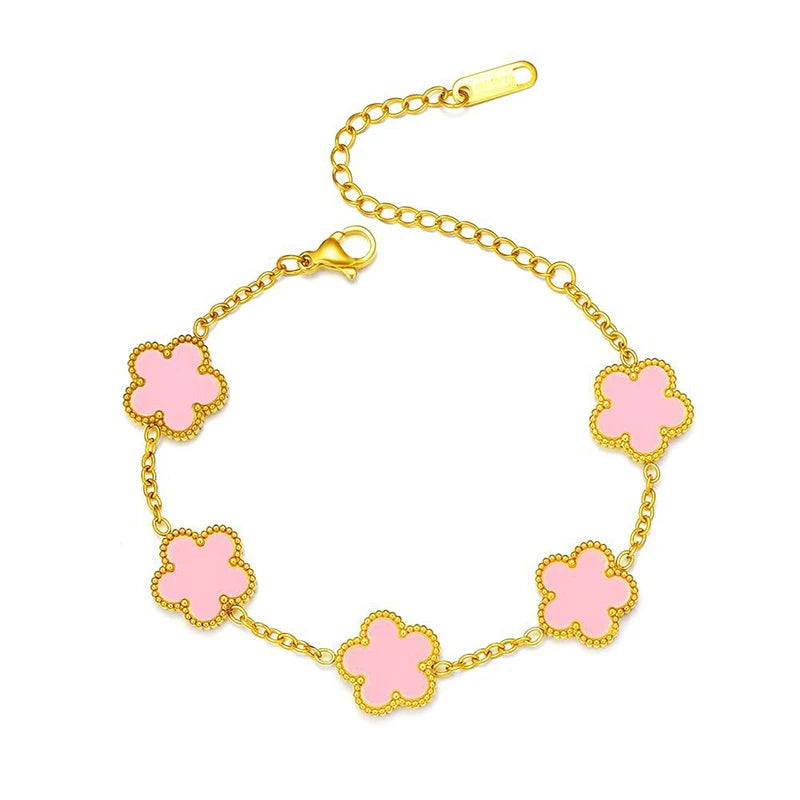 14K Gold Plated Stainless Steel Five Leaf Petals Double Sided Necklace